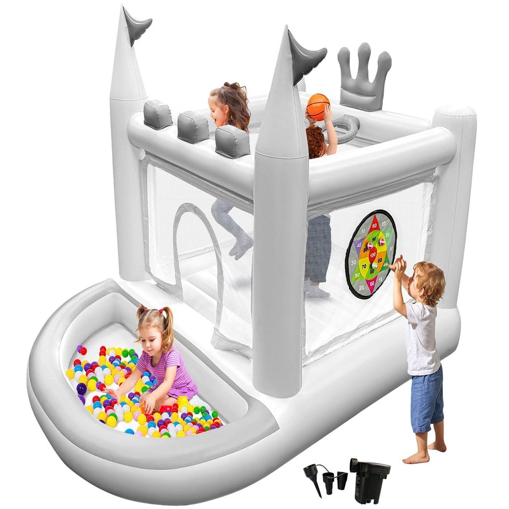 Easyair Inflatable Bounce House for Kids, PVC Small Bouncy Castle Outdoor with Basketball Hoop, Ball Pit, Rings, Target Game, Jumping, Pump Included