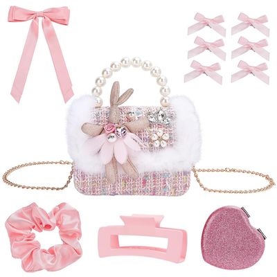 INFUNLY Small Pearl Handle Bag 5.6x2.6x4.3 Inches Princess Bunny Purse Cute Crown Crossbody Bag Pink Rabbit Crossbody Pouch with Bows Lovely Mini Pouch for Women Valentines Birthday Gift