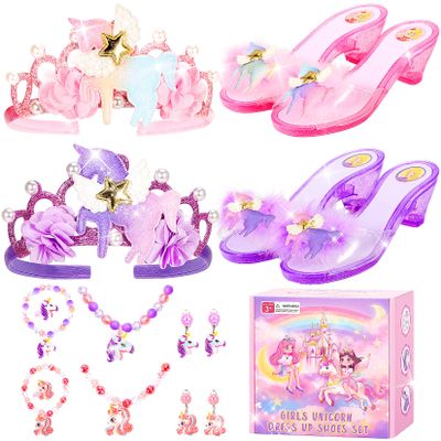 Unicorn Dress Up Shoes for Girls, Unicorn Toys Princess Dress Up Set with Headband, Jewelry Necklace Bracelet, Pretend Play Dress Up Toys for Girls Age 3-6, Birthday