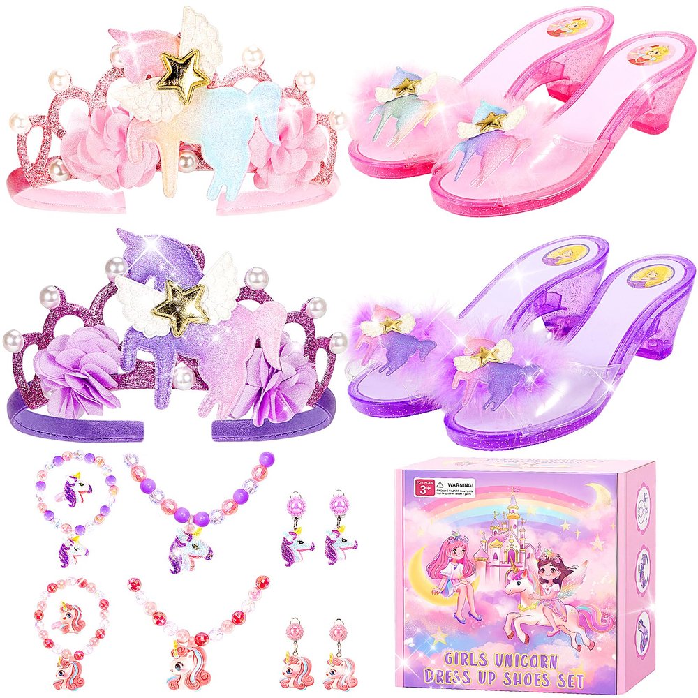 Unicorn Dress Up Shoes for Girls, Unicorn Toys Princess Dress Up Set with Headband, Jewelry Necklace Bracelet, Pretend Play Dress Up Toys for Girls Age 3-6, Birthday