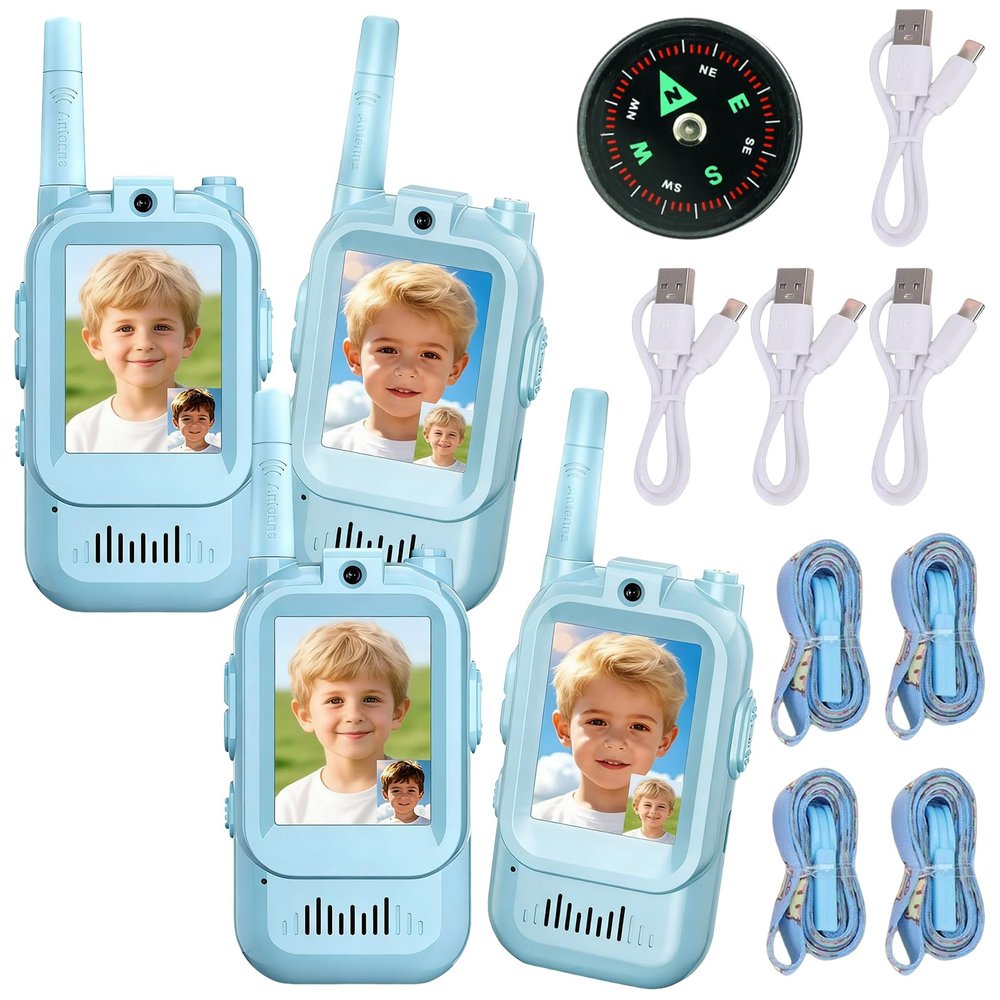 Rechargeable Video Walkie Talkies for Kids, Video Walkie-Talkie Toy Set, Clear Talk Videos Play, Stable Signal, Rechargeable & Eco-Friendly, Single-Channel Encrypted Connection (Blue-4)