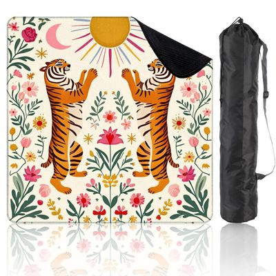 31.5" x 31.5" Mahjong Mat for Table with Carrying Bag Whimsical Tigers Floral Celestial Patterns Bright Non-Slip Noise-Reducing Game Mat Mahjong Accessories for Poker Dominoes Board Games