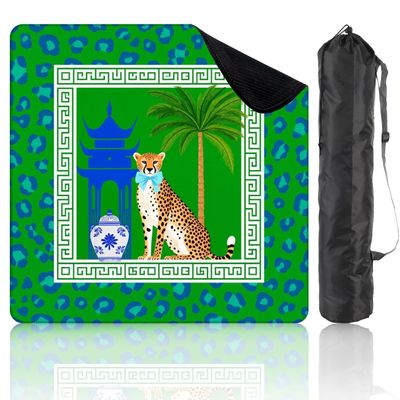 31.5" x 31.5" Mahjong Mat for Table with Carrying Bag Cheetah Palm Tree Chinese Inspired Vase Green Leopard Non-Slip Noise-Reducing Game Mat Mahjong Accessories for Poker Dominoes Board Games