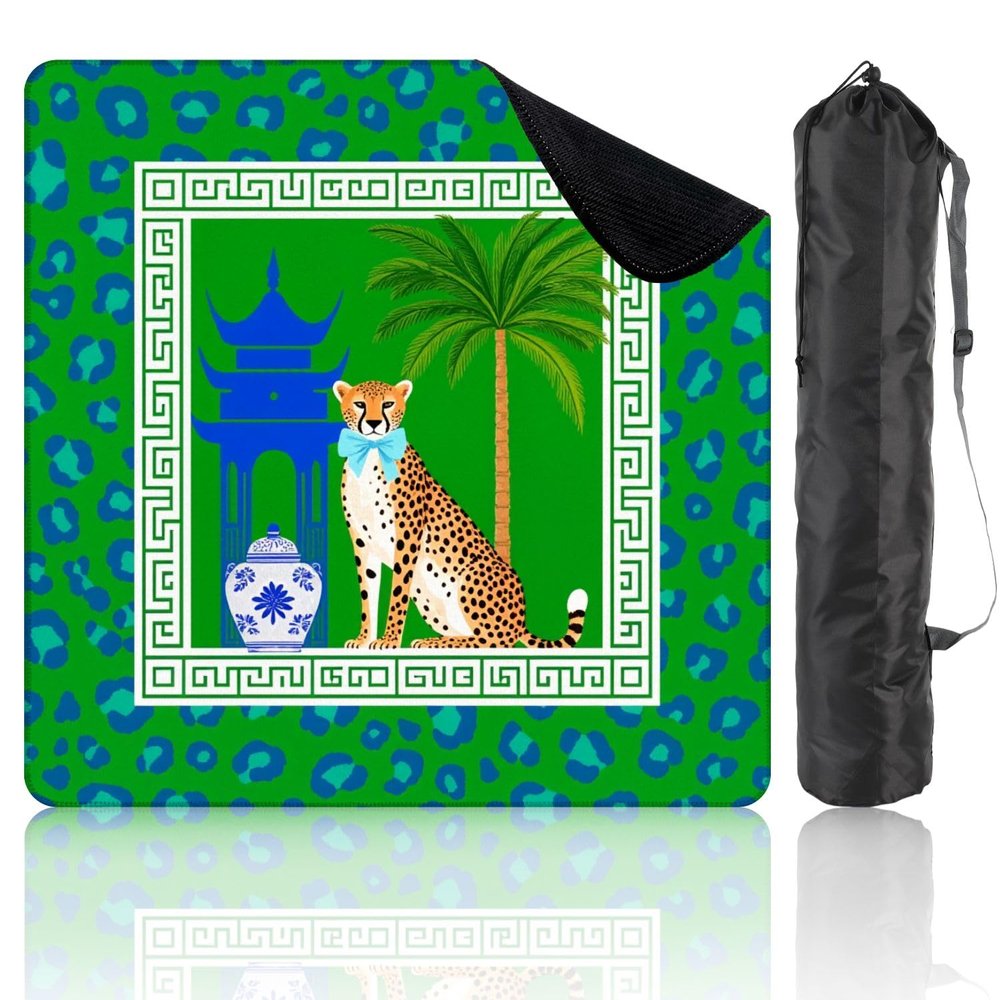 31.5" x 31.5" Mahjong Mat for Table with Carrying Bag Cheetah Palm Tree Chinese Inspired Vase Green Leopard Non-Slip Noise-Reducing Game Mat Mahjong Accessories for Poker Dominoes Board Games
