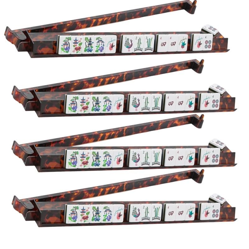 Tortoise Shell Mahjong Racks & Pusher Set  Acrylic Inlaid Mahjong Rack and Tile Pusher, Extra Long 17.5 Inch Tile Holders, 4 Racks for American Mahjong