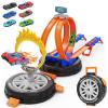 Toy Car Race Track Set for Kids Ages 4-8, Stunt Tire-Shaped Case Transforms into Race Course, 6 Cars in 1:64 Scale, 2 Ways to Play, Action Loop Cyclone Challenge & Speed Snap Track view 1