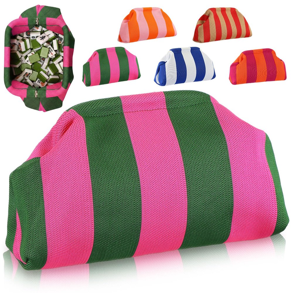 Sunnymove Mahjong Tile Bag Woven Clutch Purses for Women Woven Striped Dumpling Bag Summer Beach Evening Handbag for Mahjong Tile Vacation Supplies(Pink and Green,Thick Lines)
