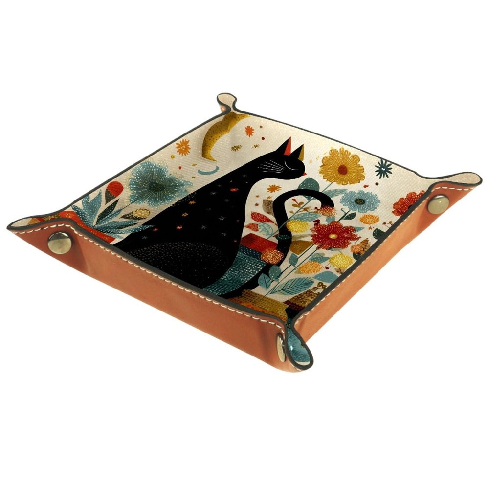 Abstract Cat and Flower Pot Dice Rolling Tray PU Leather DND & RPG Dice Mat, Portable Dice Rolling Mat Case Storage Box, Folding Scroll Dices Holder Trays for Tabletop Board Game, 8.1"x8.1"
