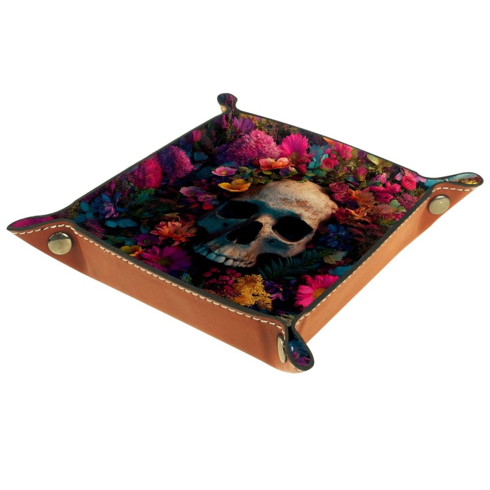 Skull in The Flower DND Dice Tray Leather Portable Dice Holder, Folding Dice Rolling Tray for RPG, D&D Board Games, 8.1"x8.1"