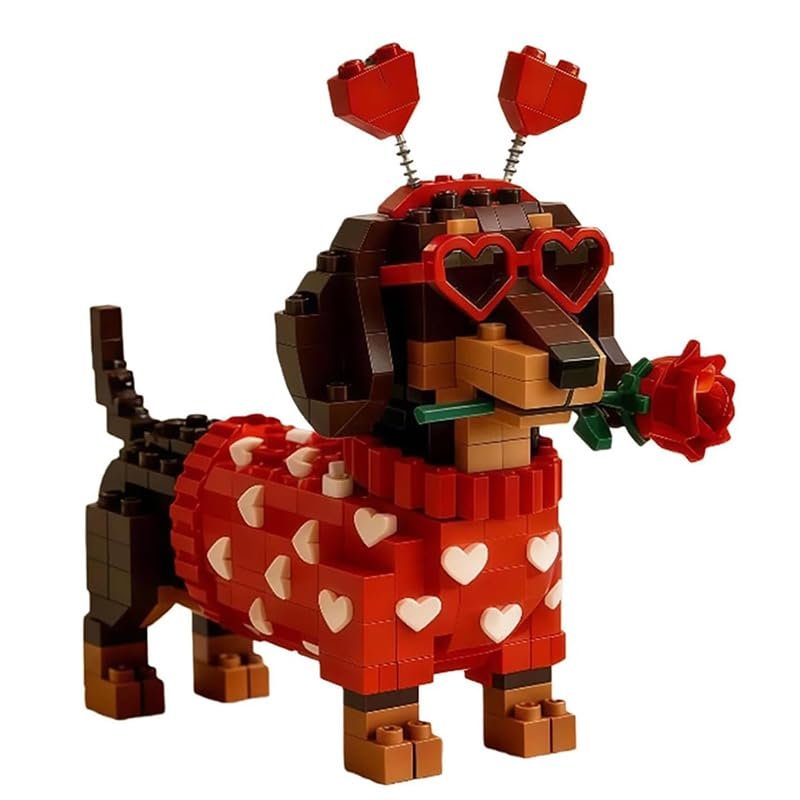 2026 Valentine's Day Exclusive DIY 3D Dachshund Building Block Set Heart Design Cute Dog Brick Model, Creative Valentine's Gift for Dog Lovers, Adults, Couples, Home & Office Decor