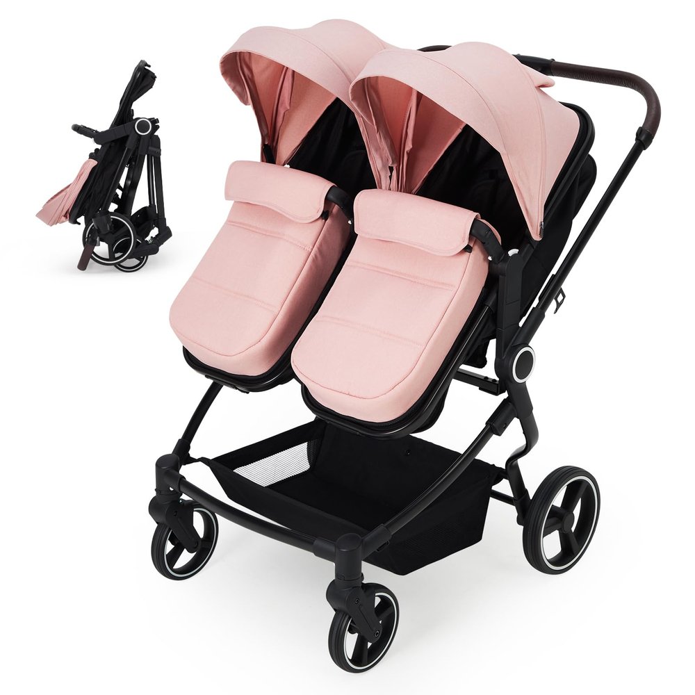 Double Stroller for Newborn and Toddler - Tandem Stroller with Lightweight Compact Fold, Adjustable Recline & Canopy, Parent Cup Holders - Travel Stroller for Twins, Infant & Older Kids, Pink