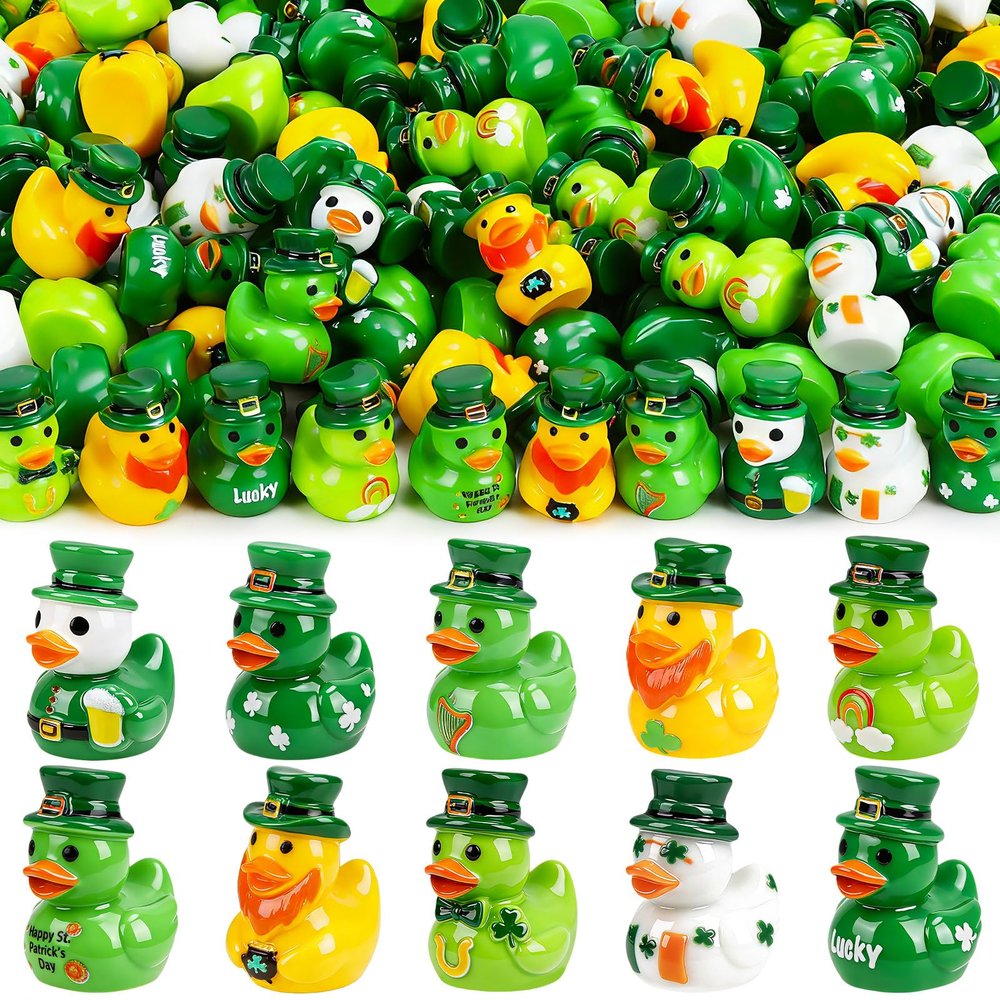 120 PCS St.Patrick's Day Mini Resin Duck 10 Style Bulk Miniature Green Ducks St. Patricks Day Tiny Resin Duck Figurines to Hide for St. Patricks Party Favors DIY Crafts Landscape Dollhouse Decor