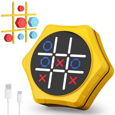 Electronic Tic Tac Toe Game,5-in-1 Handheld Puzzle Games,Tic Tac Toe Bolt Game for Educational&Memory,Portable Travel Games for Car Ride with Silent Mode,Toys Gift Idea for Kids&Family-Yellow