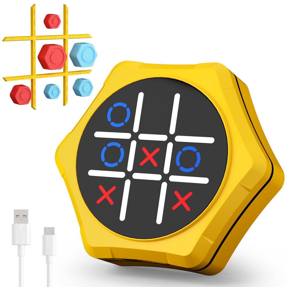 Electronic Tic Tac Toe Game,5-in-1 Handheld Puzzle Games,Tic Tac Toe Bolt Game for Educational&Memory,Portable Travel Games for Car Ride with Silent Mode,Toys Gift Idea for Kids&Family-Yellow