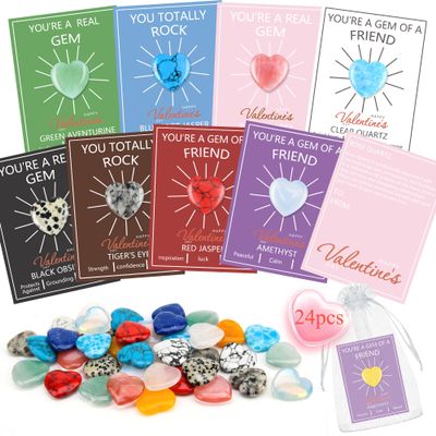 24 Pack Valentines Day Gifts for Kids, Valentines Day Cards with Heart-Shaped Crystal Gemstones for School Classroom Exchange, Valentine Party Favors&Goody Bag Fillers for Girls and Boys Ages 412