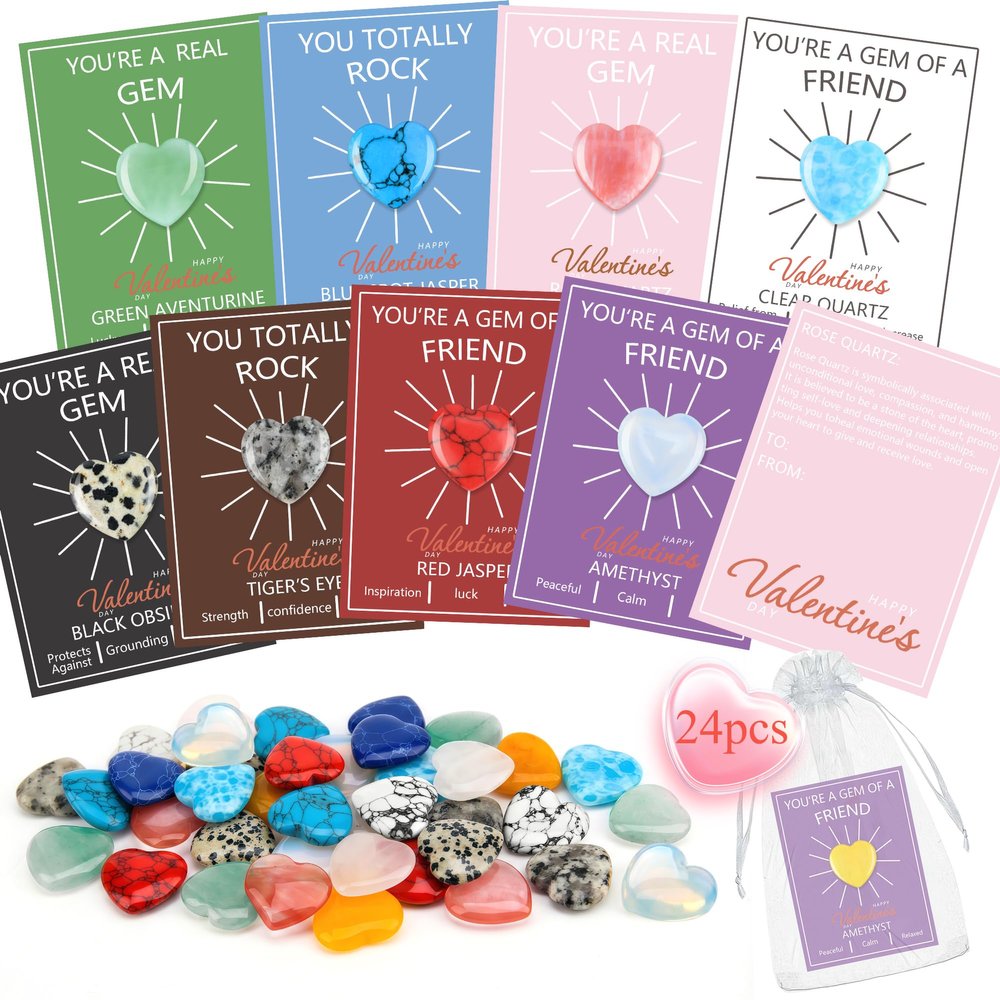 24 Pack Valentines Day Gifts for Kids, Valentines Day Cards with Heart-Shaped Crystal Gemstones for School Classroom Exchange, Valentine Party Favors&Goody Bag Fillers for Girls and Boys Ages 412