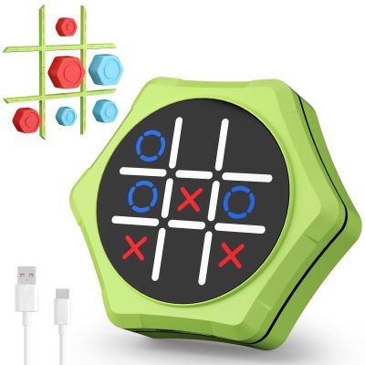 Electronic Tic Tac Toe Game,5-in-1 Handheld Puzzle Games Console,Tic Tac Toe Bolt Game for Educational&Memory,Portable Travel Games for Car Ride with Silent Mode,Toys Gift Idea for Kids & Family-Green