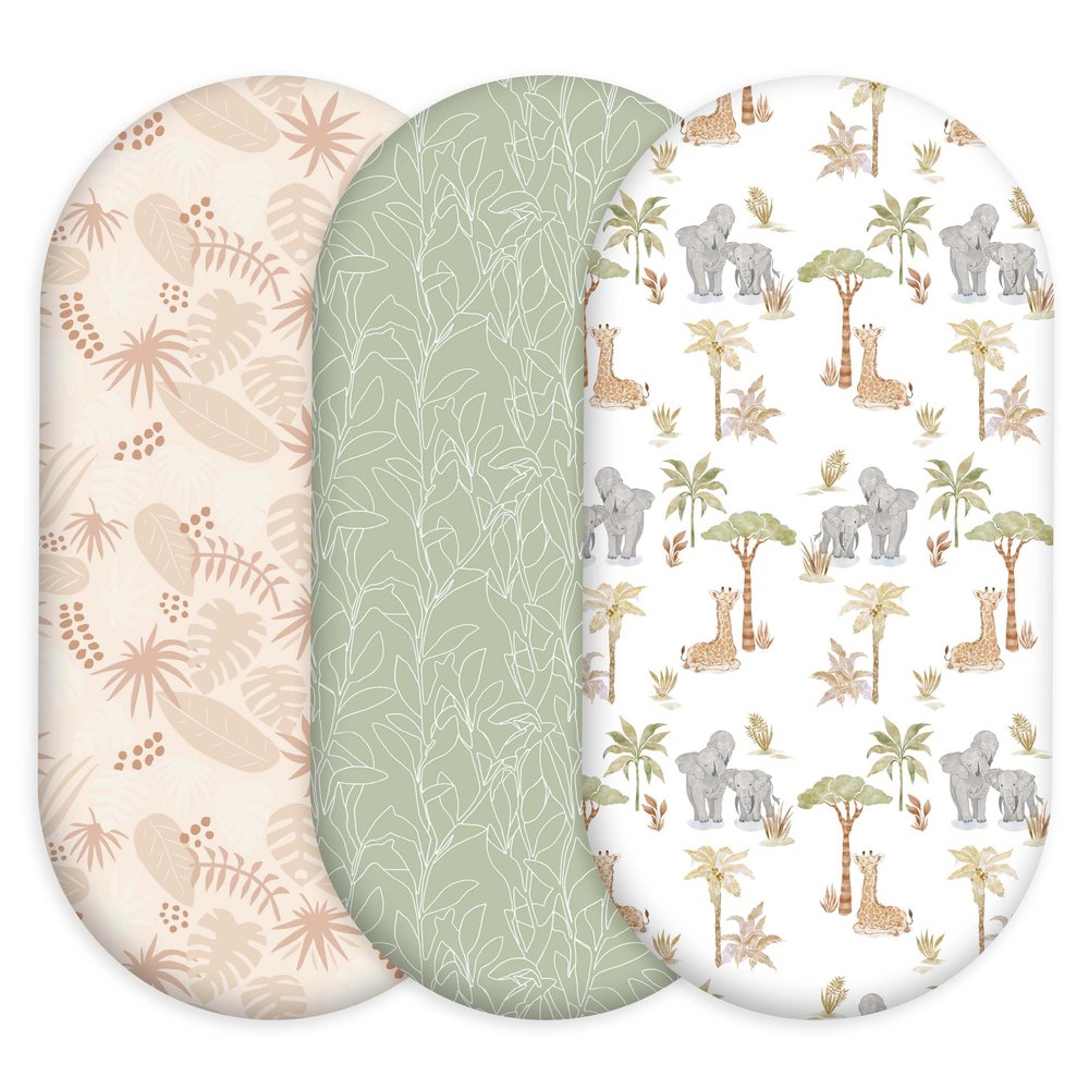 Civarua Kids Baby Bassinet Sheets for Boys & Girls, 3 Pack 32" x 16" Fitted Bassinet Mattress Sheets, Compatible with Halo Bassinet Swivel Sleeper, Oval Hourglass Rectangle Mattress, Brown Elephant