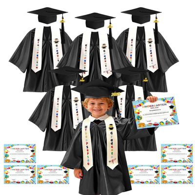 6 Set Shiny Kindergarten Graduation Cap and Gown Set with Stole, 2026 Tassel and Diploma Certificate, Preschool Pre-K Graduation Robe (Black)