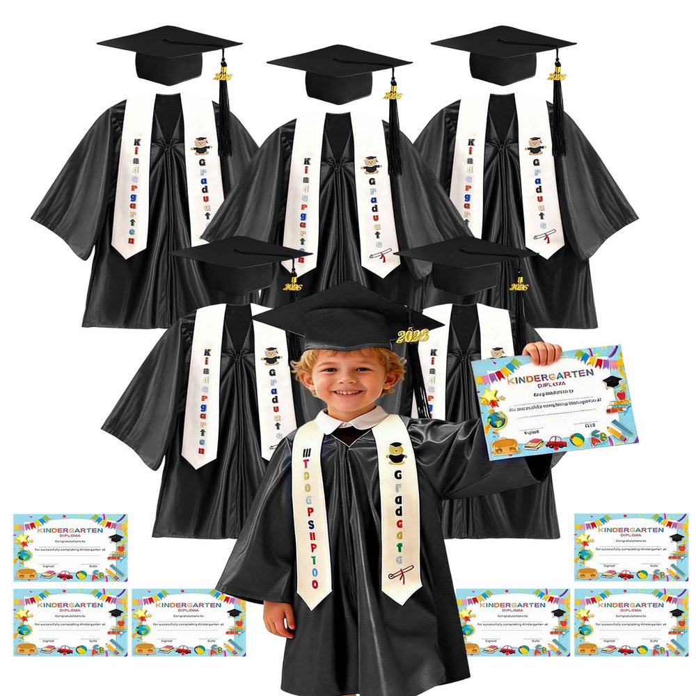 6 Set Shiny Kindergarten Graduation Cap and Gown Set with Stole, 2026 Tassel and Diploma Certificate, Preschool Pre-K Graduation Robe (Black)