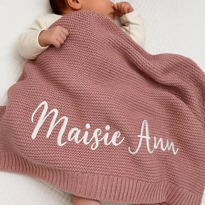 Personalized Baby Blanket - Embroidered Name, Soft Breathable Cotton Knit Blanket, Custom Keepsake Gift for Newborn Boy Girl, Nursery Swaddling Blankets(Dark Pink)