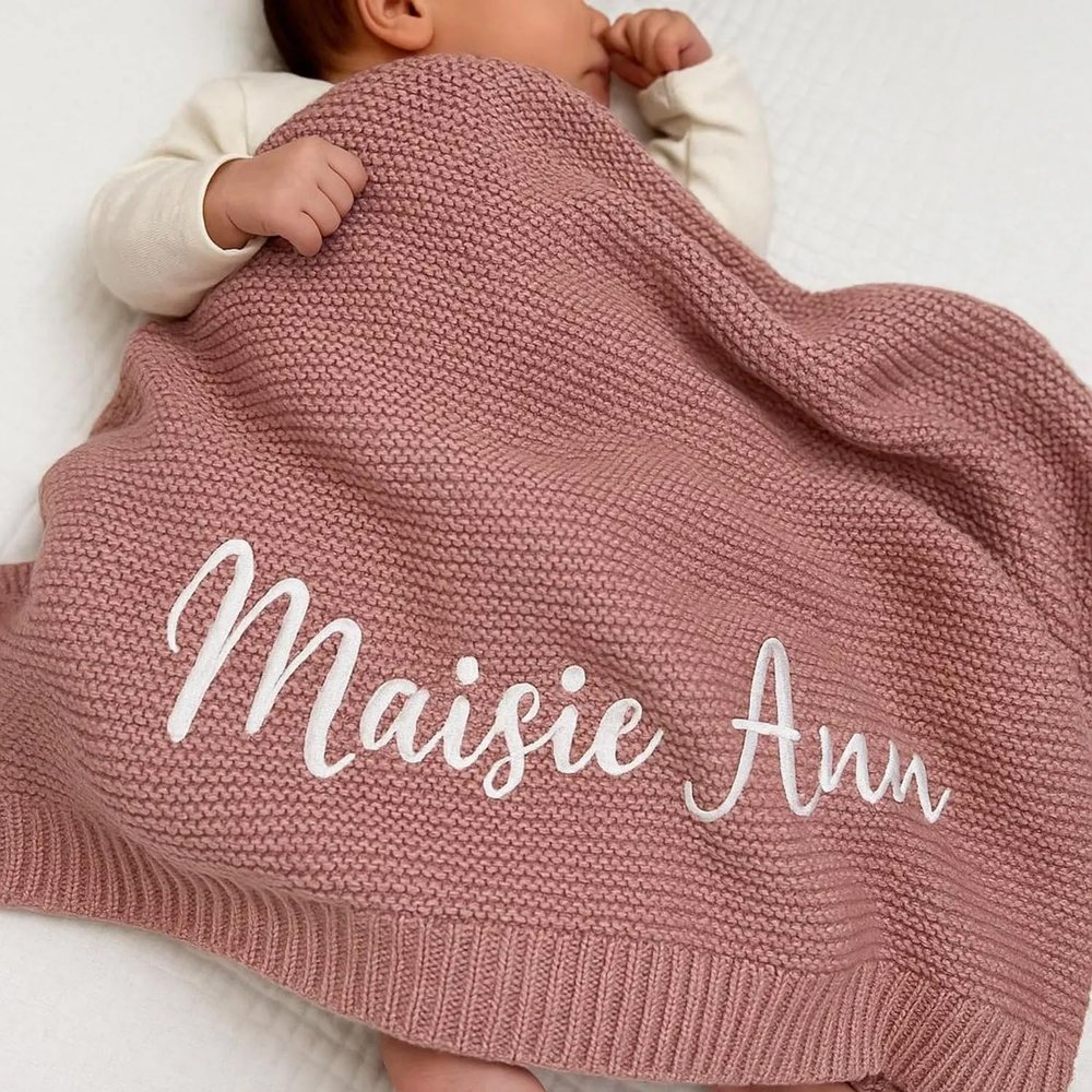 Personalized Baby Blanket - Embroidered Name, Soft Breathable Cotton Knit Blanket, Custom Keepsake Gift for Newborn Boy Girl, Nursery Swaddling Blankets(Dark Pink)