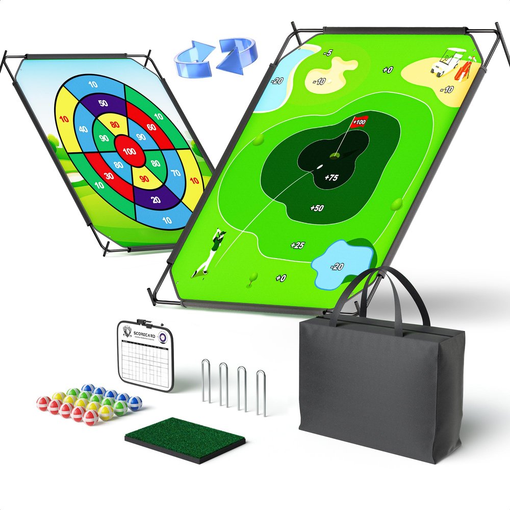 1GoTo-G 72" x 58" Battle Golf Chipping Game - 2-in-1 Sticky Golf Game Set, Large Chipping Mat with 20 Sticky Balls for Chipping Practice - Fun Family Party Game for Indoor and Outdoor Use