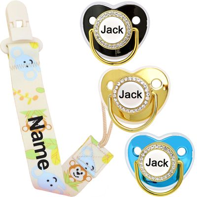 4Pcs, Personalized Pacifier with Name, Custom Pacifier Clip, Baby Gift for Newborn Boys and Girls, Accessory Baby Stuff with Name (0-6 Months) (Monkey)