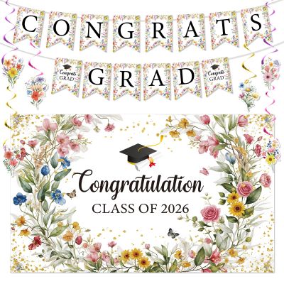 2026 Wildflower Graduation Party Decoration Floral Congrats Grad Banner Backdrop Hanging Swirls for Class of 2026 Senior Junior High School College Congrats Grad Party Supplies (Class)