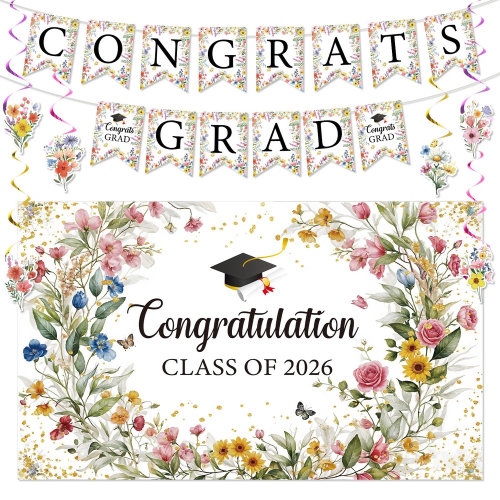 2026 Wildflower Graduation Party Decoration Floral Congrats Grad Banner Backdrop Hanging Swirls for Class of 2026 Senior Junior High School College Congrats Grad Party Supplies (Class)
