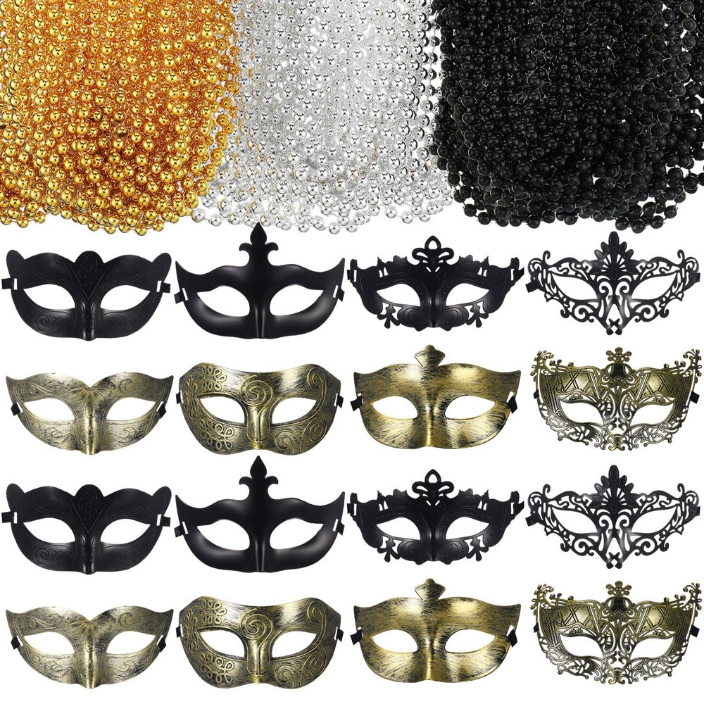 Bucherry 88 Pcs Masquerade Masks Beads Necklace Set Vintage Venetian Mask Metallic Beaded Necklace for Carnival Cosplay Prop (Plastic,Vintage Style)