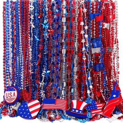 Yinkin 500 Pcs 4th of July Accessories Bead Necklaces Bulk, Metallic Patriotic Red Blue Silver Bead Necklaces with USA Hat American Flag for Independence Day Parade Carnival Party Decorations