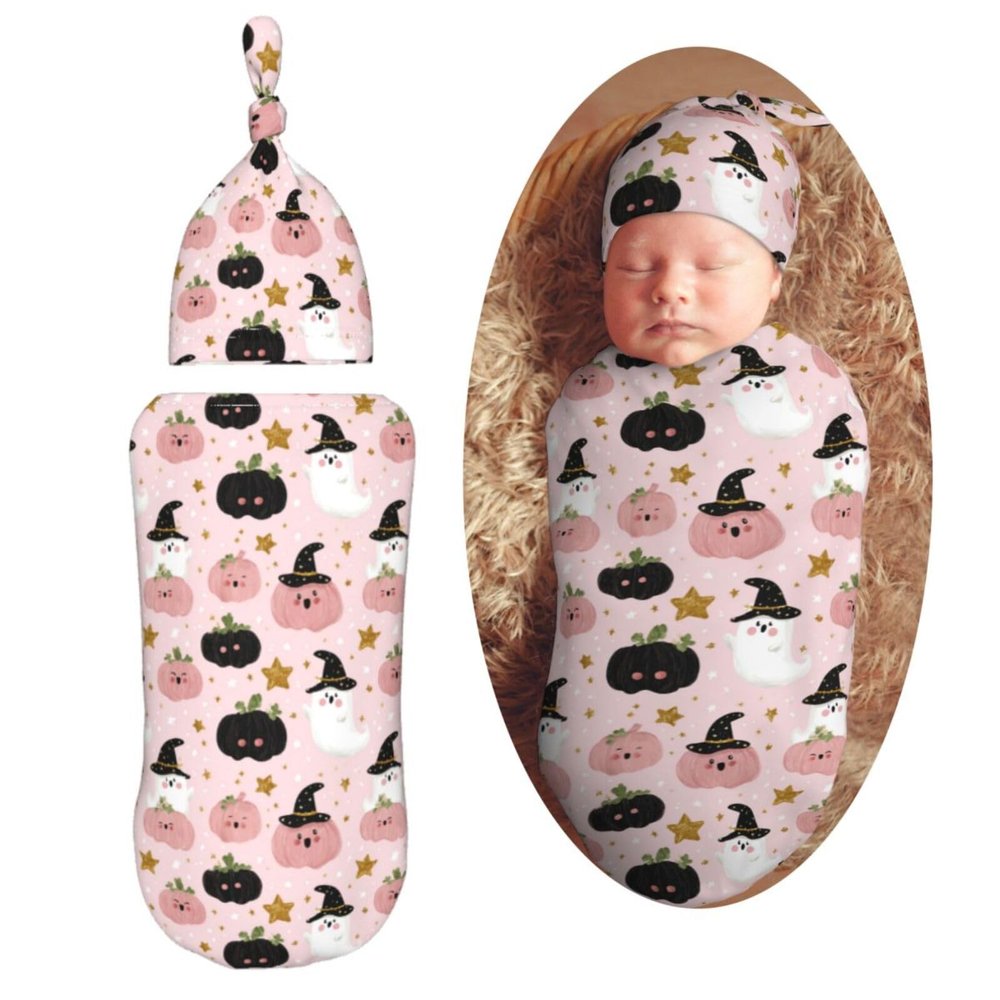 Muishi Halloween Pumpkins with Cute Ghosts Newborn Swaddle Blankets Hat Sets Soft Baby Receiving Blanket Swaddle Sack for Baby Shower Infant Boy Girl Gift