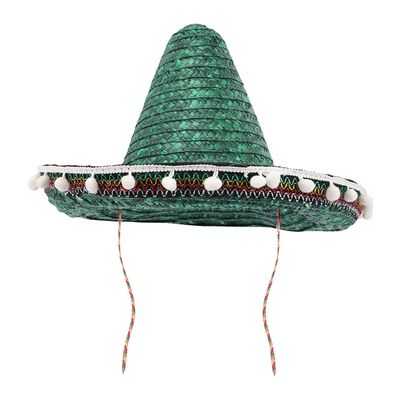 ARTIBETTER Mexican Sombrero Straw Hat with Pom Pom Party Decoration, 40cm Green Fiesta Headwear for Cinco De Mayo and Carnival Celebrations