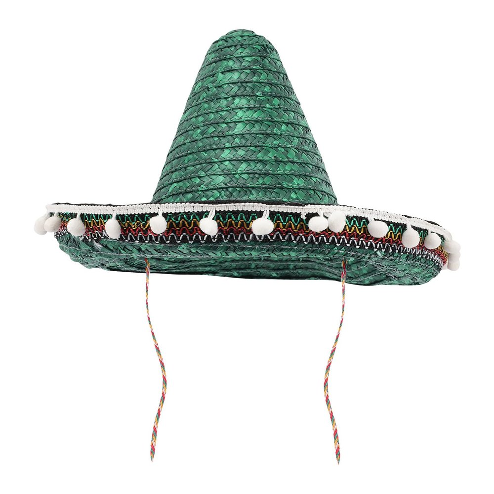 ARTIBETTER Mexican Sombrero Straw Hat with Pom Pom Party Decoration, 40cm Green Fiesta Headwear for Cinco De Mayo and Carnival Celebrations
