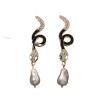 6.4 * 1.4cm Retro Animal Snake Alloy Enamel Inlaid With Imitation Pearl Earrings,black,6.4 * 1.4cm view 1