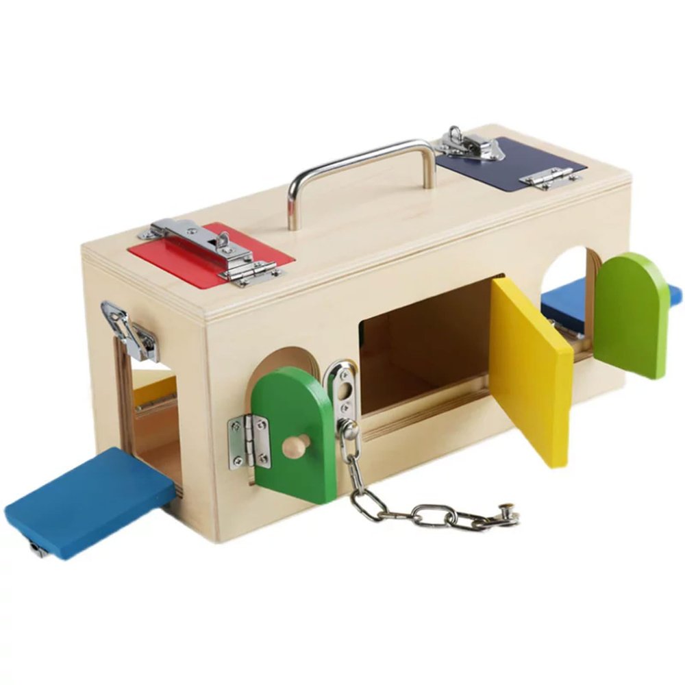 HLS maoyi Montessori Lock and Key Toy, Wooden Activity Cube Busy Lock Box Educational Toy for Fine Motor Skills,Copper Plated Model