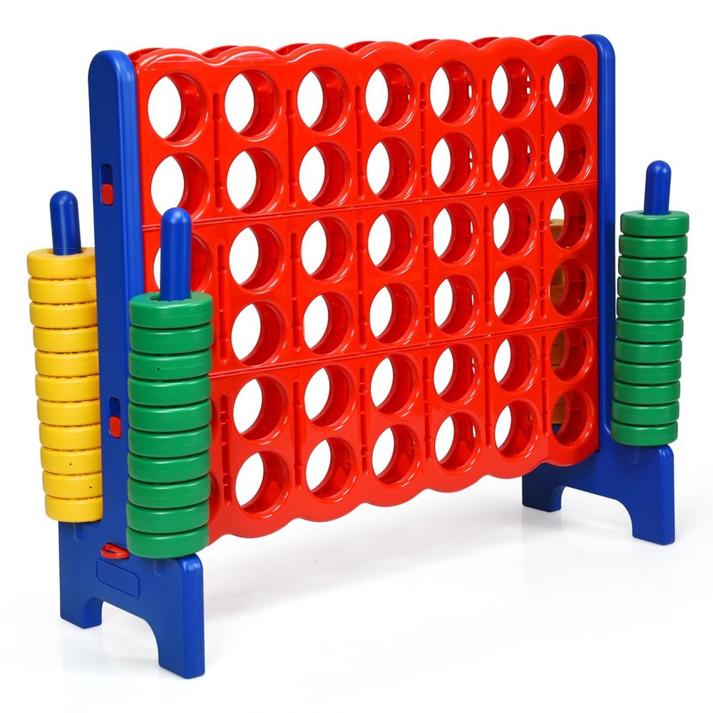 COSTWAY Giant 4-in-a-Row Game Set, Jumbo 4-to-Score for Kids and Adults with 42 Jumbo Rings & Quick-Release Slider, Indoor Outdoor Yard Party Game for Lawn, Holiday Party & Family (Red & Blue)