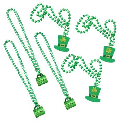 Abaodam St Patrick's Day Bead Pendant Necklaces for Women, Green Party Accessories with Shamrock Cup and Hat Charms, 6pcs Set for Celebration Dress-up