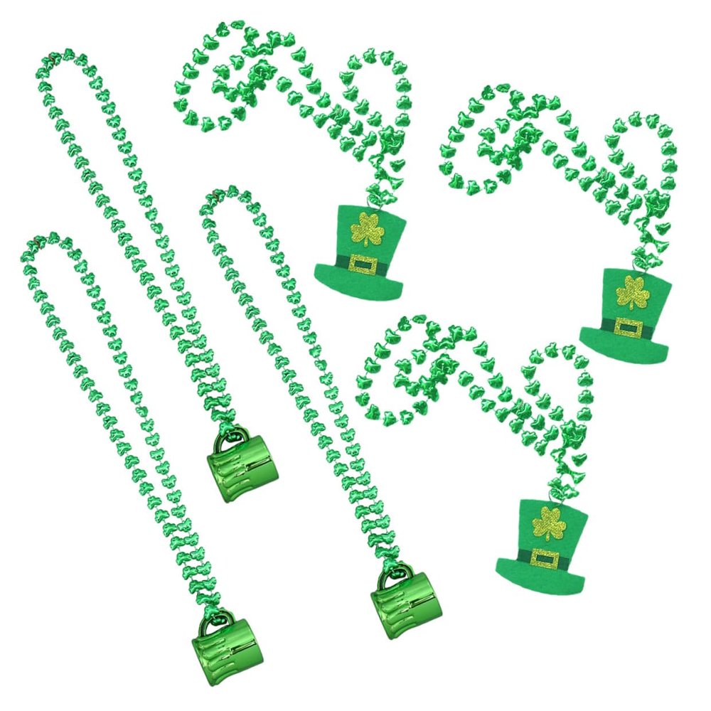 Abaodam St Patrick's Day Bead Pendant Necklaces for Women, Green Party Accessories with Shamrock Cup and Hat Charms, 6pcs Set for Celebration Dress-up