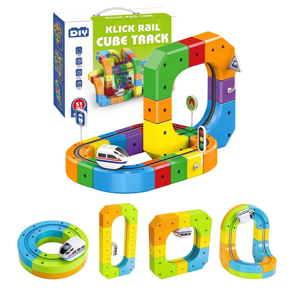 KlickRail Electric Train Set - 51pcs Complete 3D Magnetic Gravity-Defying Building System with Multiple Trains and Advanced Track Components Electric Train Set for Kids Ages 4-8 (51PCS1 car)