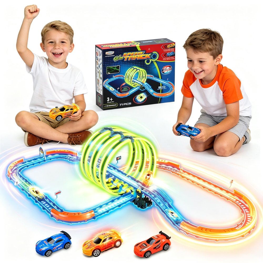 Glow Toy Car Race Track Set, 71PCS Glow-in-The-Dark Tracks for Kid Ages 3-8