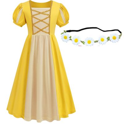 Biutiufiu Toddler Girls Renaissance Medieval Princess Dress Irish Women Costume Cosplay Retro Gown Birthday Halloween Party Daily Wear (Yellow,6-7 Years)