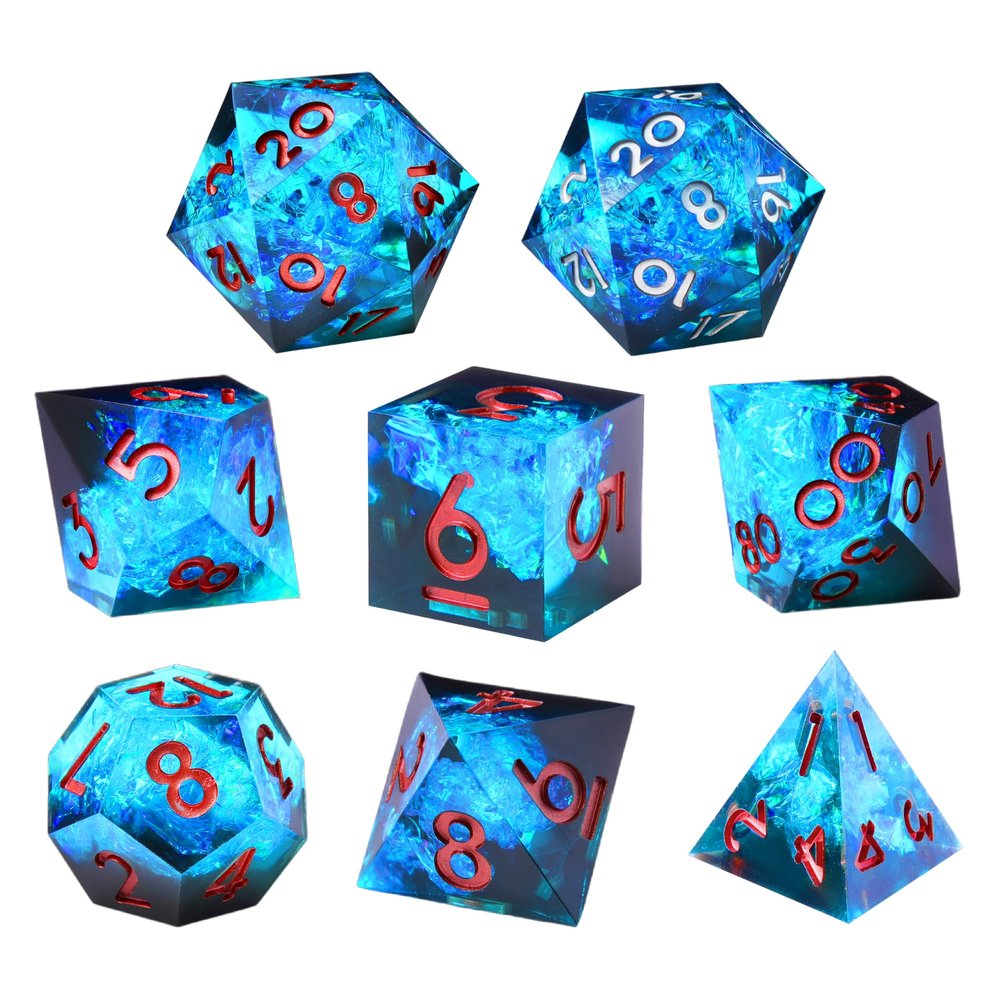 8PCS Sharp Edge DND Dice SetExtra D20 for Dungeons and Dragons 2D20 D4 D6 D8 D10 D12 D10% Handmade Polyhedral Resin Dice Multi-Sided Tabletop RPG Roleplaying GameBlue Dark