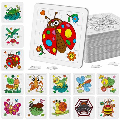 Cinrobiye 24 Pack Insect Coloring Jigsaw Craft Kit for Kids, DIY Bug Activity Set Bulk with 12 Designs, Butterfly Bee Ladybug Puzzle, Spring Party Favors, Classroom Art Projects