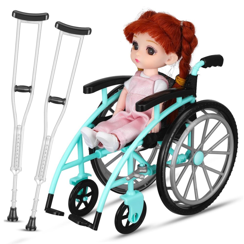 Ipetboom Realistic Mini Wheelchair Crutch Props Miniature Dollhouse Accessory Set Decorative Chair for Playset, Green