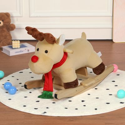 Kids Ride-On Rocking Horse Toy with Lullaby Song,Moose Rocking Toy with Hand Puppets and Safety Belt for Children 1-3 Years,Soft Plush Fabric,Apricot,CPC Certified