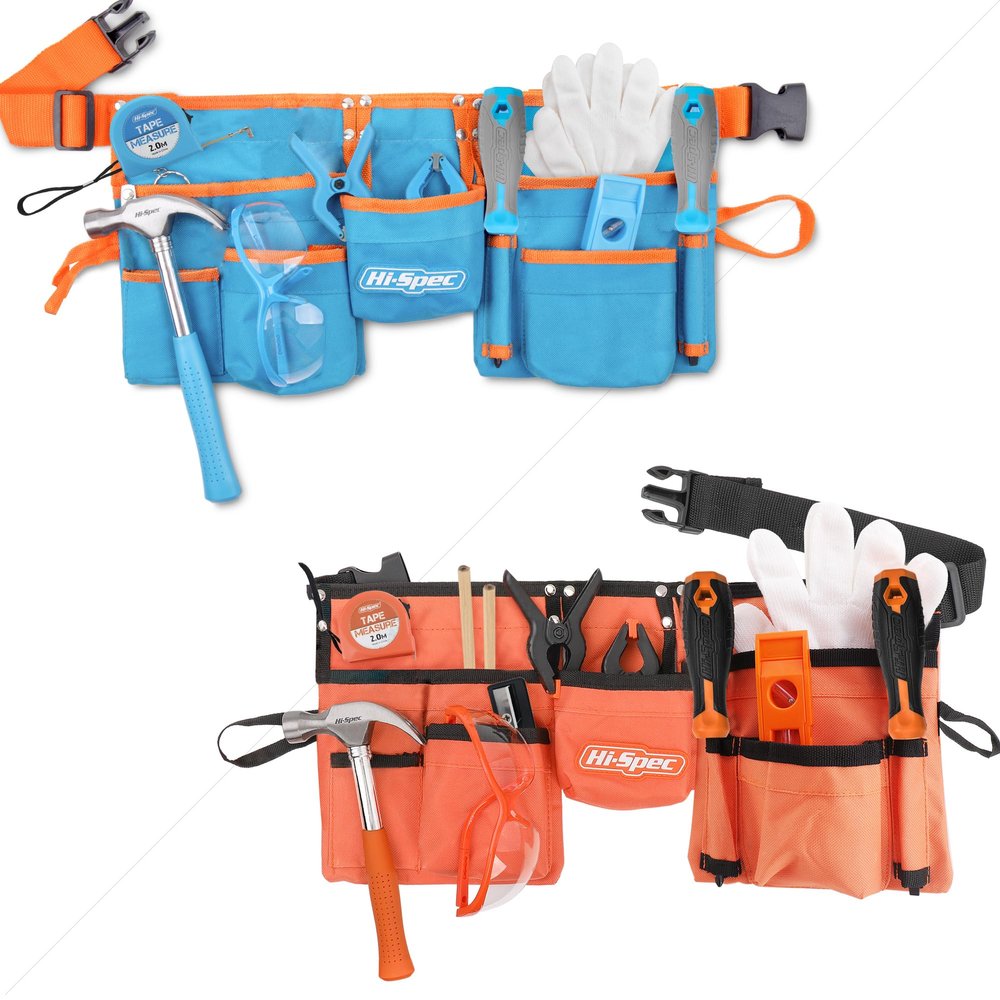 Hi-Spec 16pc Blue Kids Tool Set with Tool Belt and 16pc Orange Kids Tool Kit Set & Child Size Tool Belt