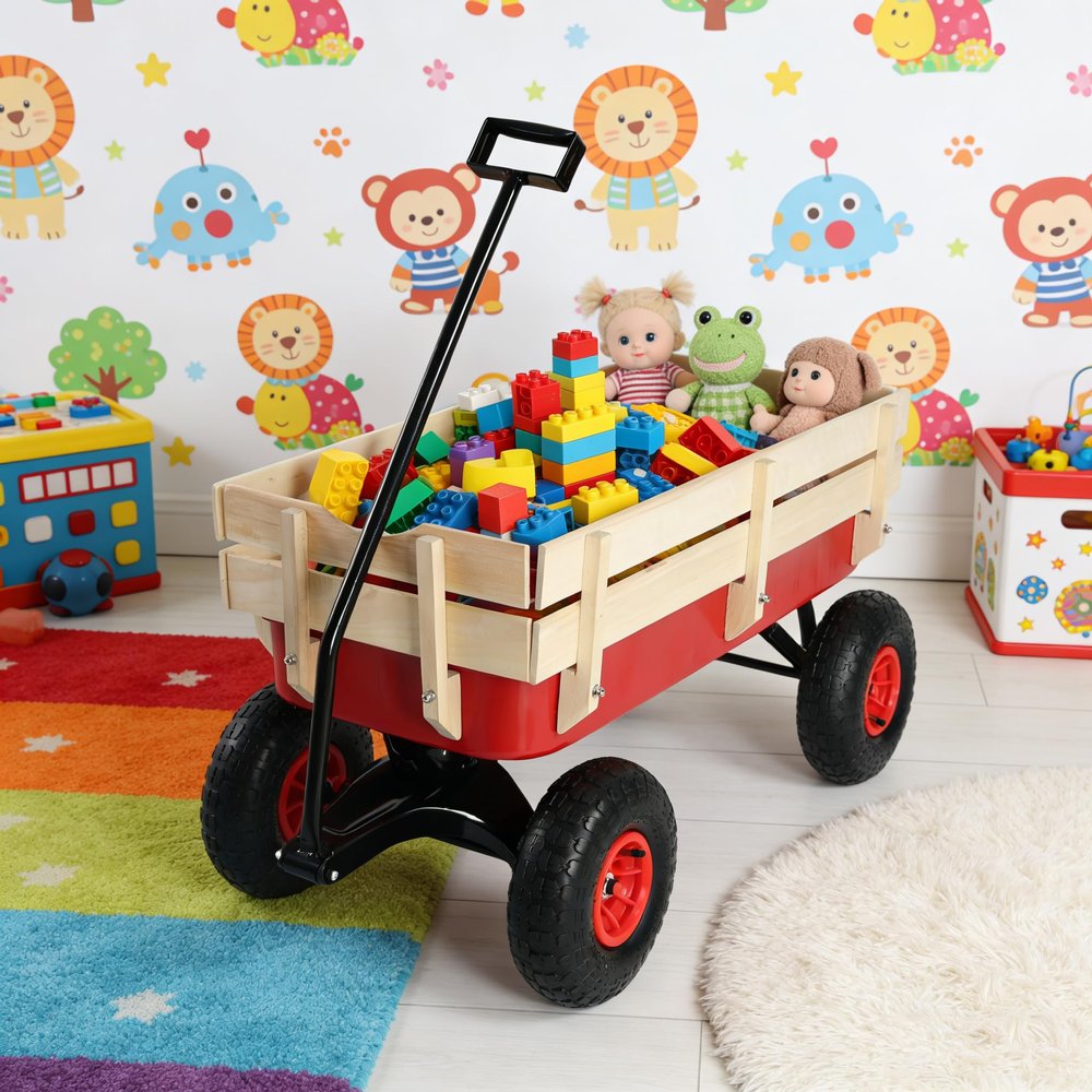 Heavy Duty Steel Frame Beach Wagon with 10" All-Terrain Air Tires & Wooden Side Panels | 176LB Capacity Foldable Utility Wagon for Gardening, Beach, and Outdoor Hauling(Red)