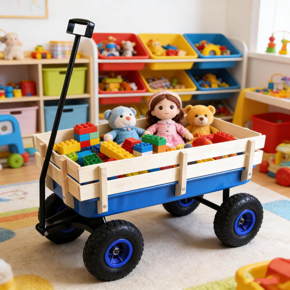 Heavy Duty Steel Frame Beach Wagon with 10" All-Terrain Air Tires & Wooden Side Panels | 176LB Capacity Foldable Utility Wagon for Gardening, Beach, and Outdoor Hauling(Blue)